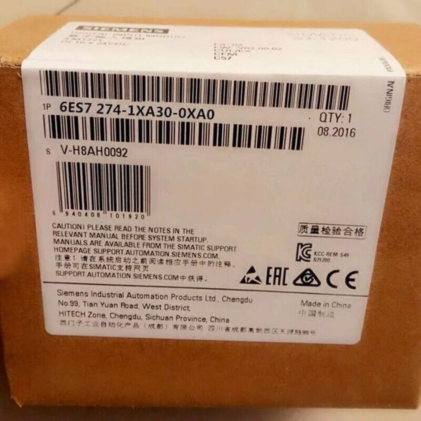 Siemens SIMATIC S7-1200 6ES7 274-1XA30-0XA0 product label, original packaging, Made in China.