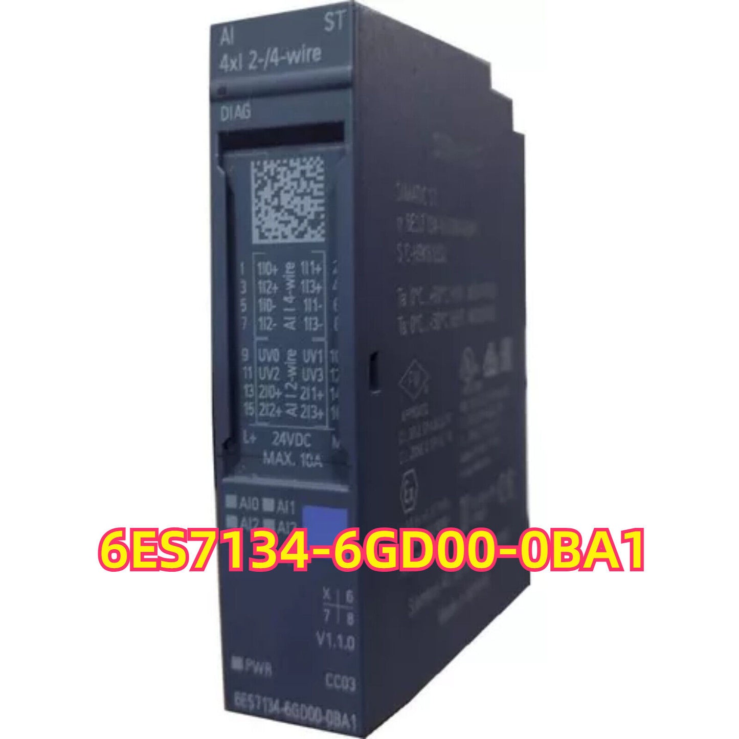 Siemens ET 200SP Analog Input Module 6ES7134-6GD00-0BA1, side view, featuring model number and specifications.