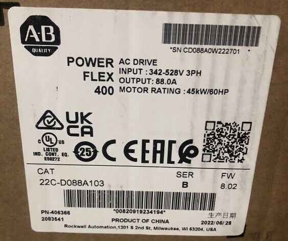 NEW 22C-D088A103 Allen-Bradley PowerFlex 400 45 kW 60 HP AC Drive FREE SHIP