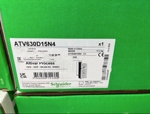 Schneider ATV630D15N4 variable frequency drive box, product packaging. Contains product information and specifications.