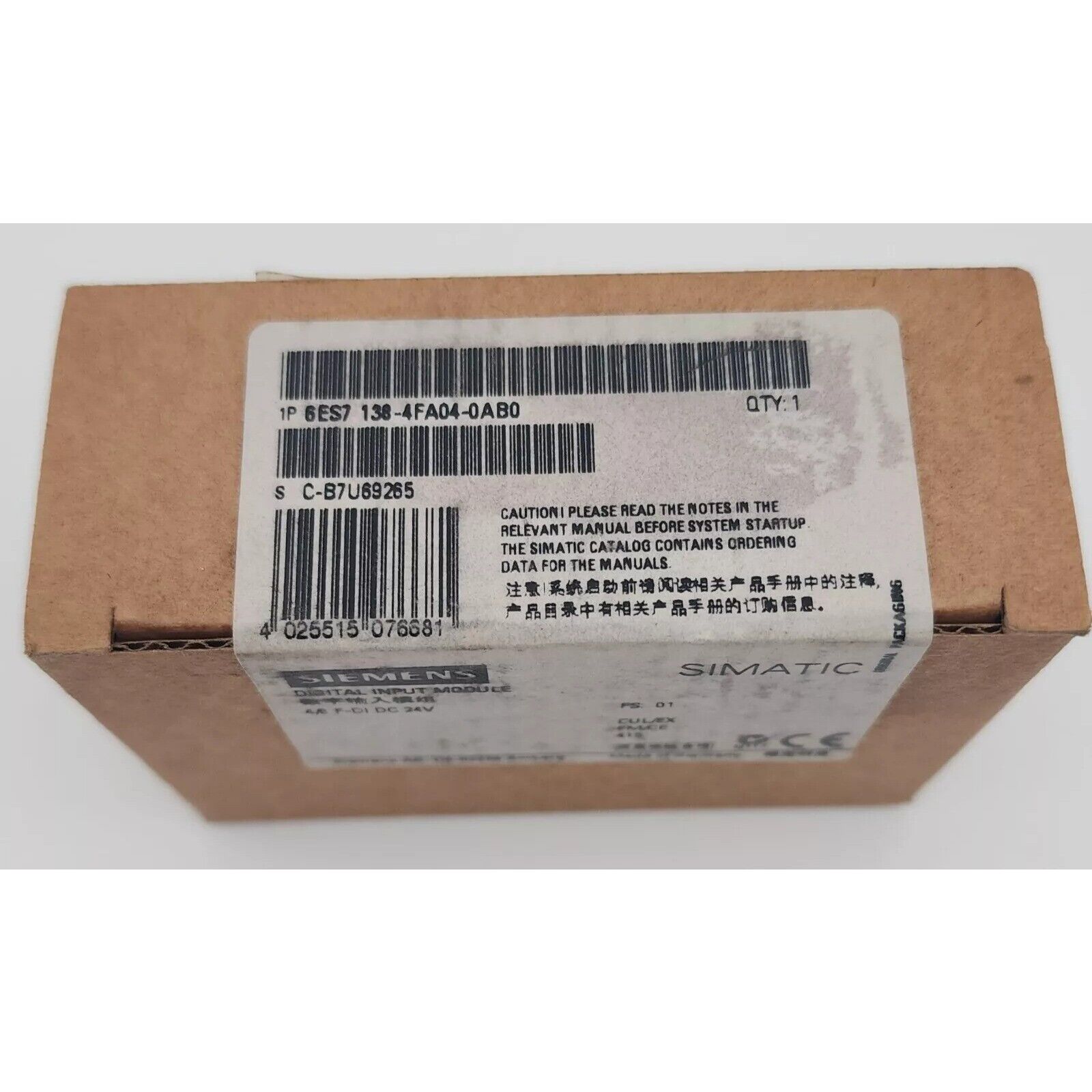 Siemens SIMATIC ET 200S Digital Input Module 6ES7 138-4FA04-0AB0 in box, product packaging, part number visible.