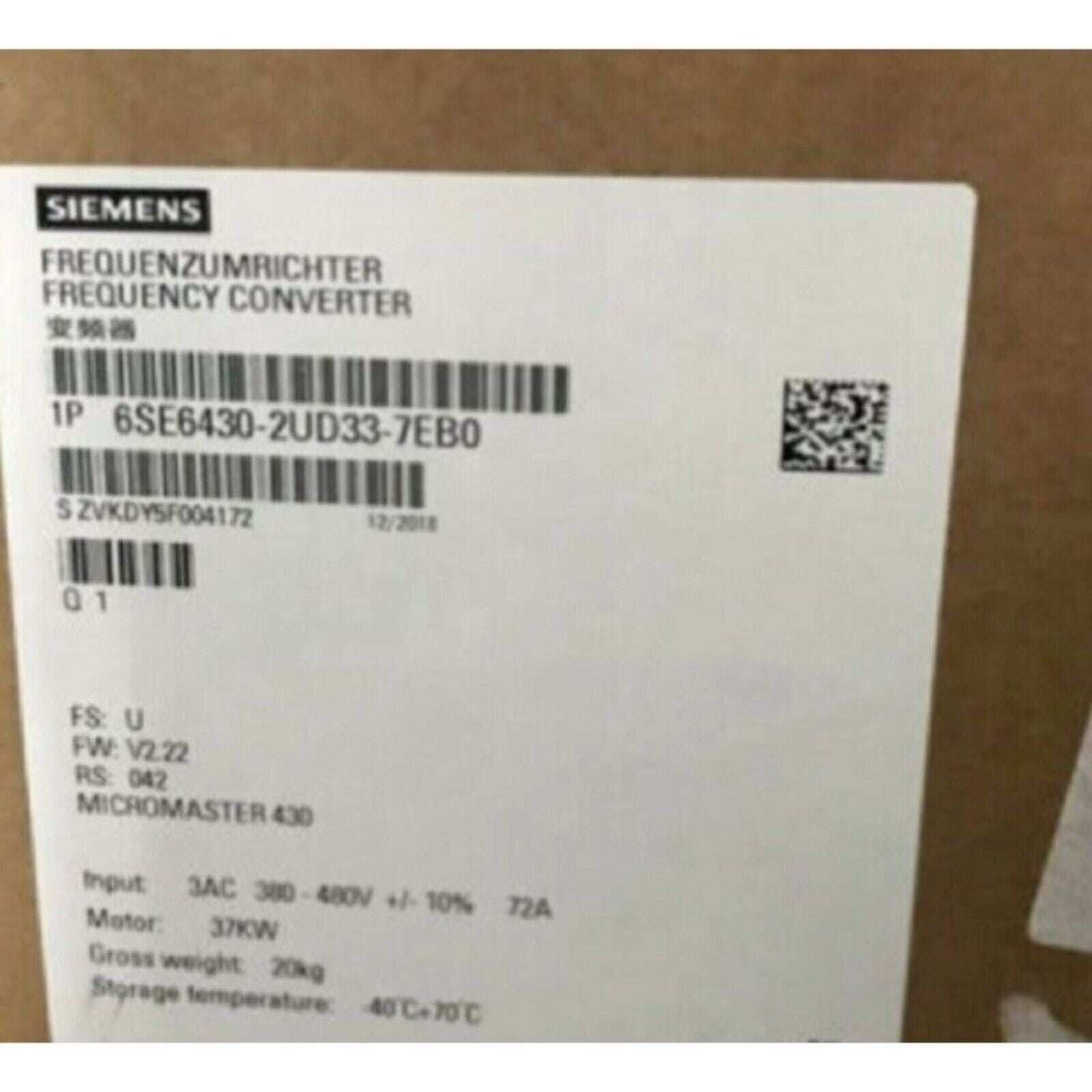 Siemens MICROMASTER 430 frequency converter label, model 6SE6430-2UD33-7EB0, industrial automation part.