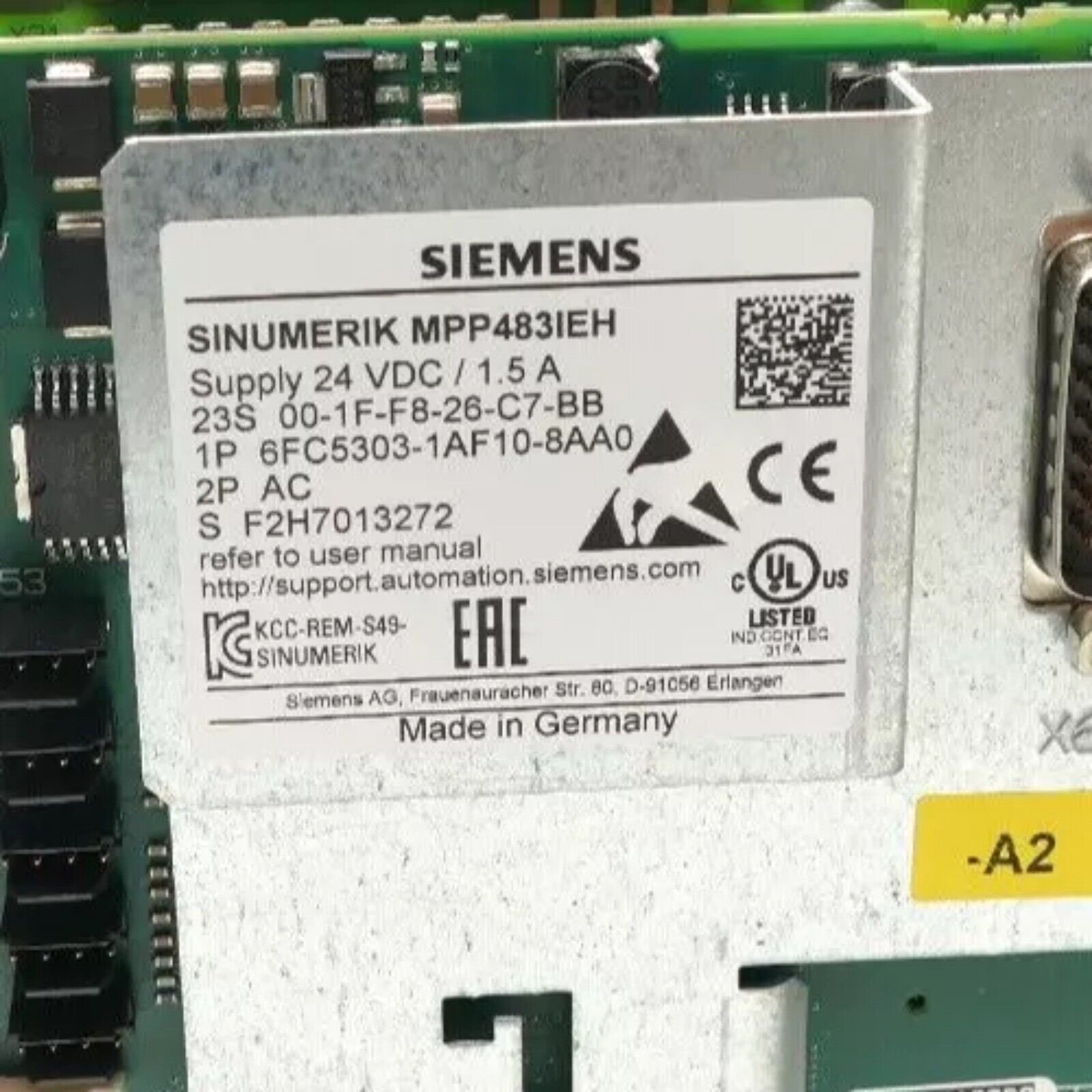 Siemens SINUMERIK MPP483IEH control panel product label, featuring part number 6FC5303-1AF10-8AA0, Made in Germany.