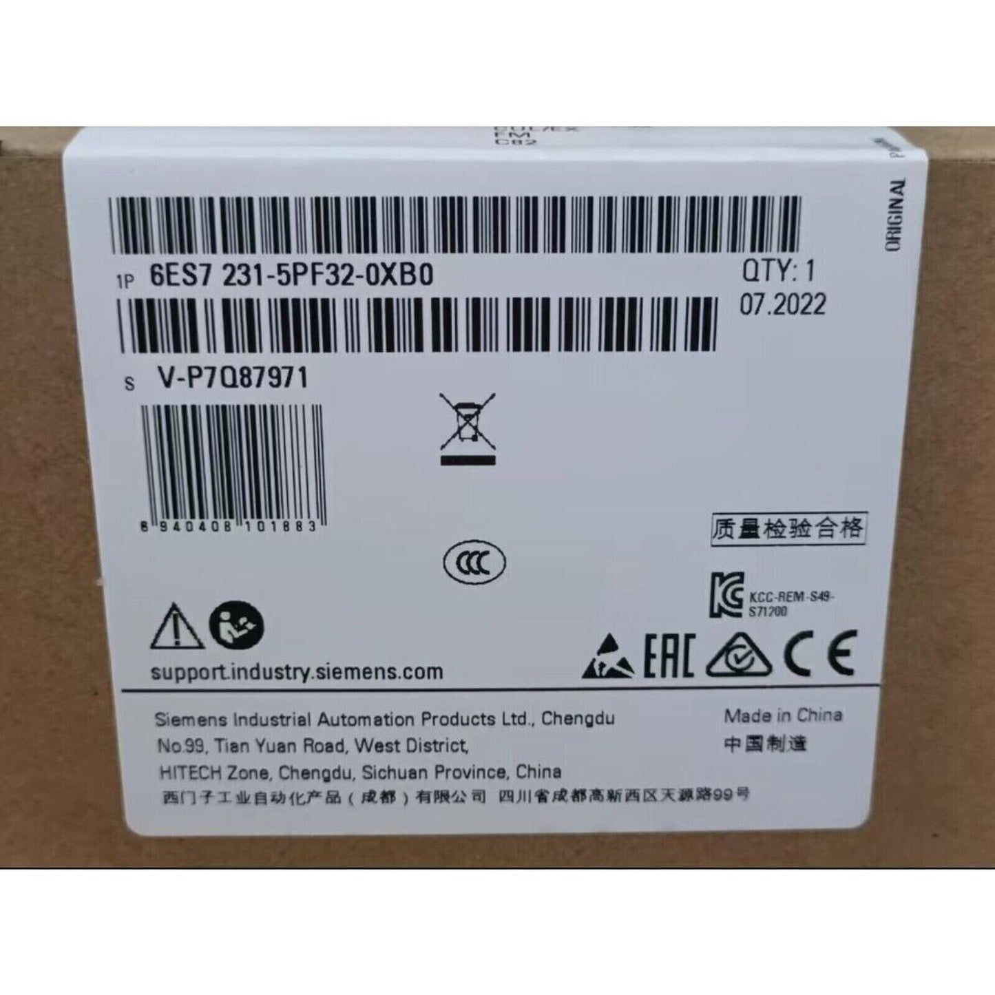 Siemens 6ES7 231-5PF32-0XB0 Analog Input Module Label - Industrial Automation Part