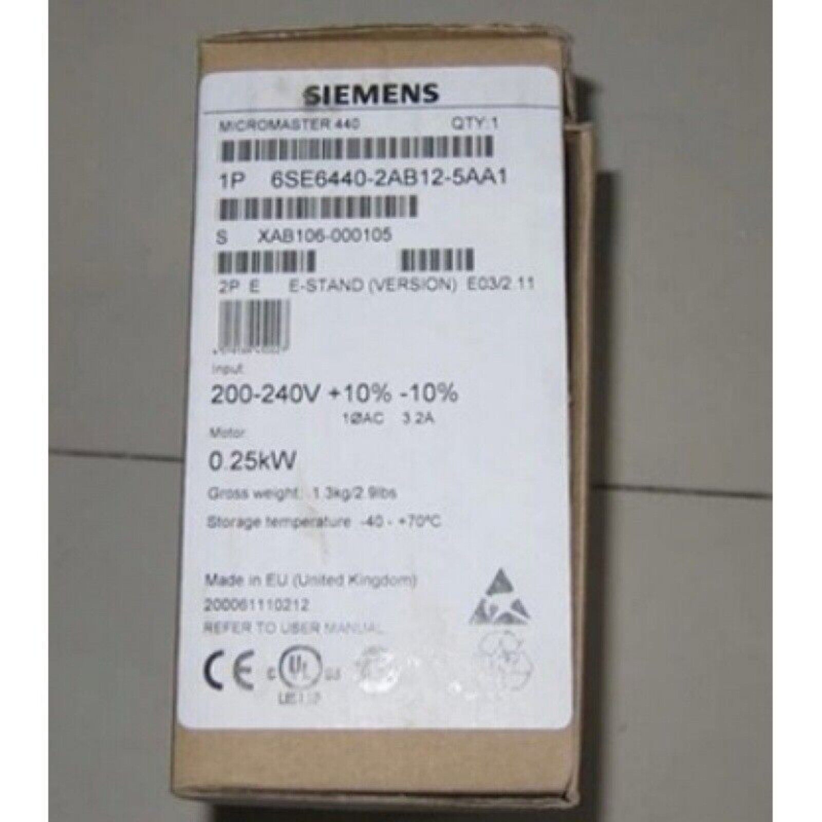 Siemens MICROMASTER 440 drive box, angled view. Product code 6SE6440-2AB12-5AA1, industrial automation component.