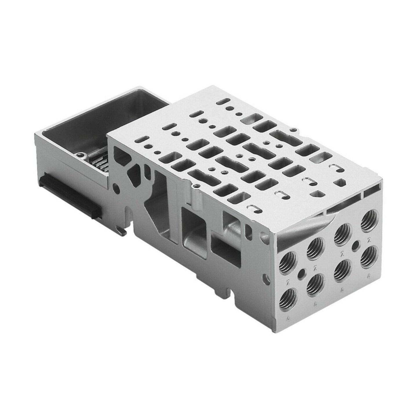 Festo VMPA1-FB-AP-4-1 Sub-base: Silver industrial automation component, PLC system part with threaded ports.