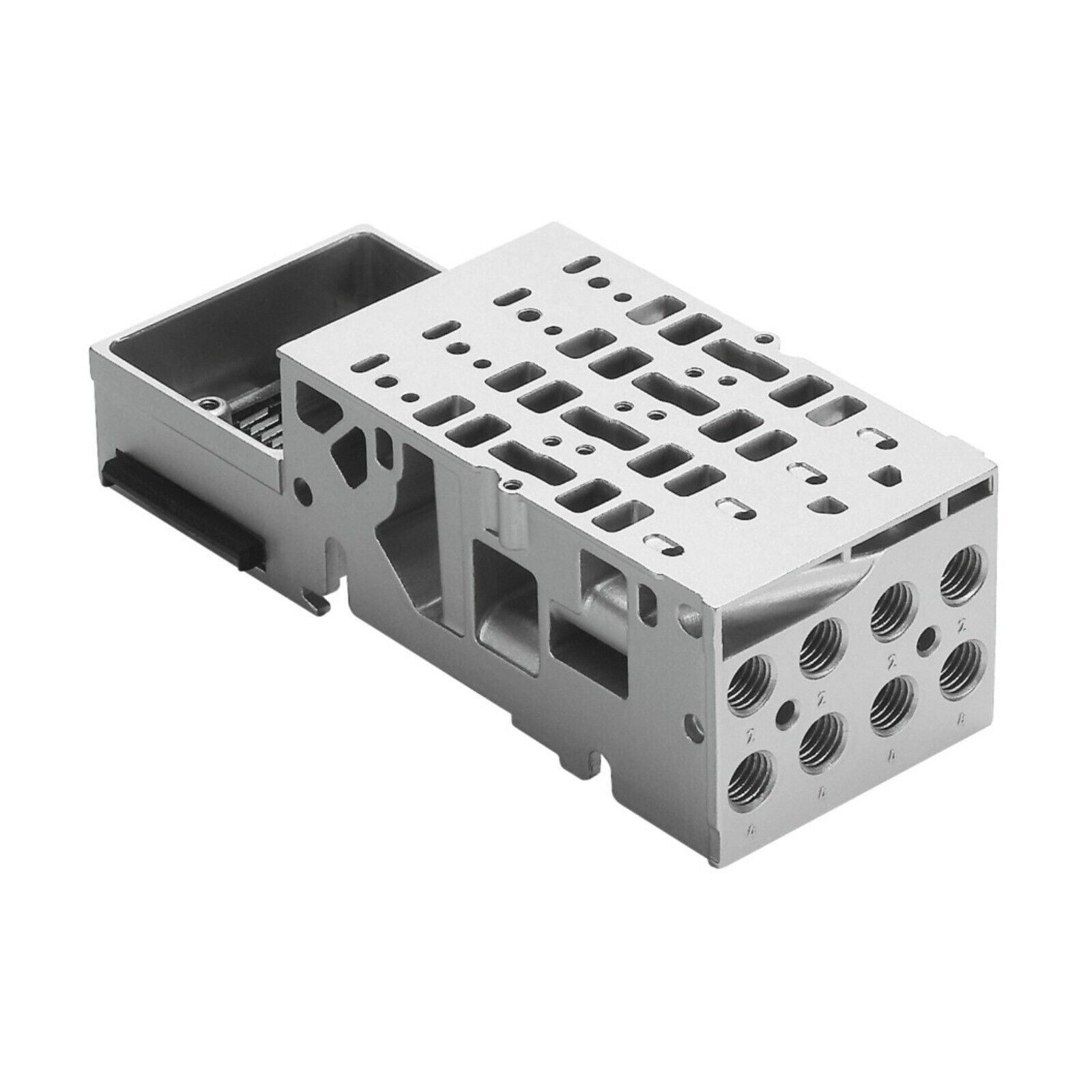 Festo VMPA1-FB-AP-4-1 Sub-base: Silver industrial automation component, PLC system part with threaded ports.