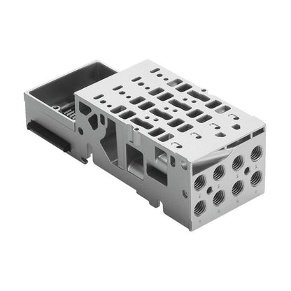 Festo VMPA1-FB-AP-4-1 Sub-base: Silver industrial automation component, PLC system part with threaded ports.