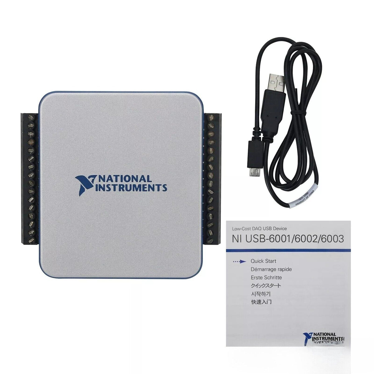 National Instruments USB-6002 Multifunction I/O Device with USB cable and quick start guide, Low-Cost DAQ device.
