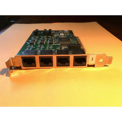 National Instruments PXI-8432/4 serial interface card with four RJ45 ports. Electronic circuit board.