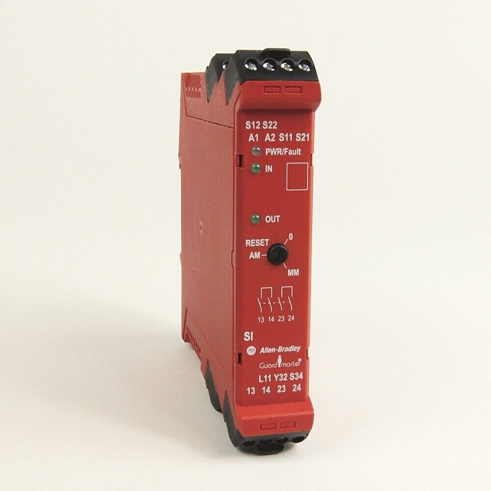 Allen-Bradley Guardmaster safety relay, red PLC module, model 440R-S12R2.