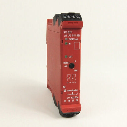 Allen-Bradley Guardmaster safety relay, red PLC module, model 440R-S12R2.