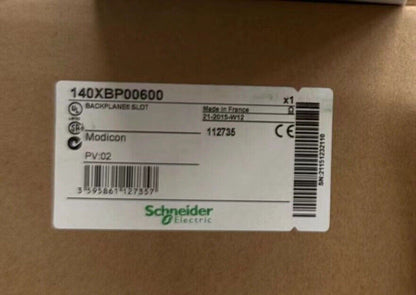 Schneider Electric 140XBP00600 PLC Module product label with Modicon and CE markings