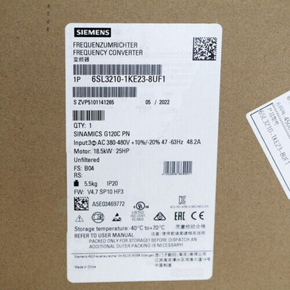 Siemens SINAMICS G120C 18.5kW frequency converter label, model 6SL3210-1KE23-8UF1, industrial automation part.