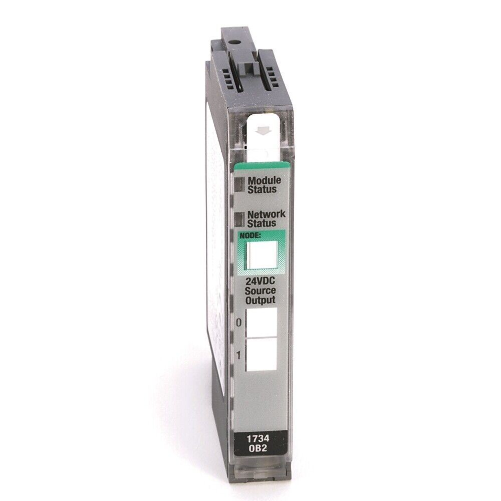 Allen-Bradley 1734-OB8E POINT I/O digital output module, 8-channel, 24VDC output with module and network status indicators.