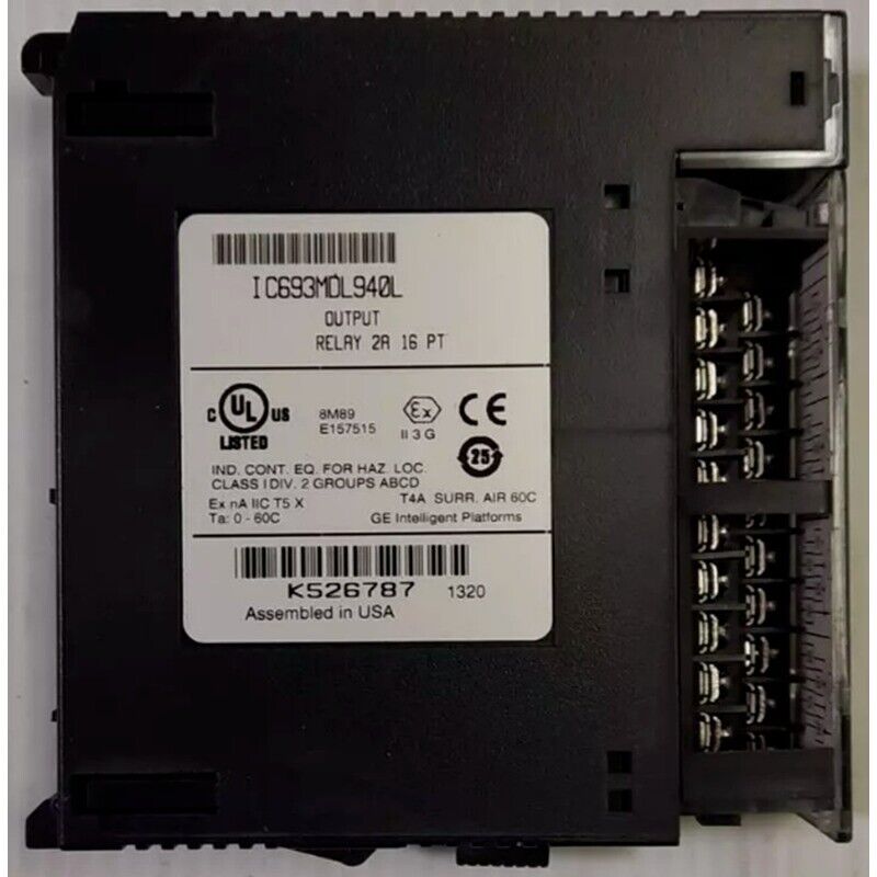 FANUC IC693MDL940L industrial automation module, 16-point relay output, assembled in USA, black color.