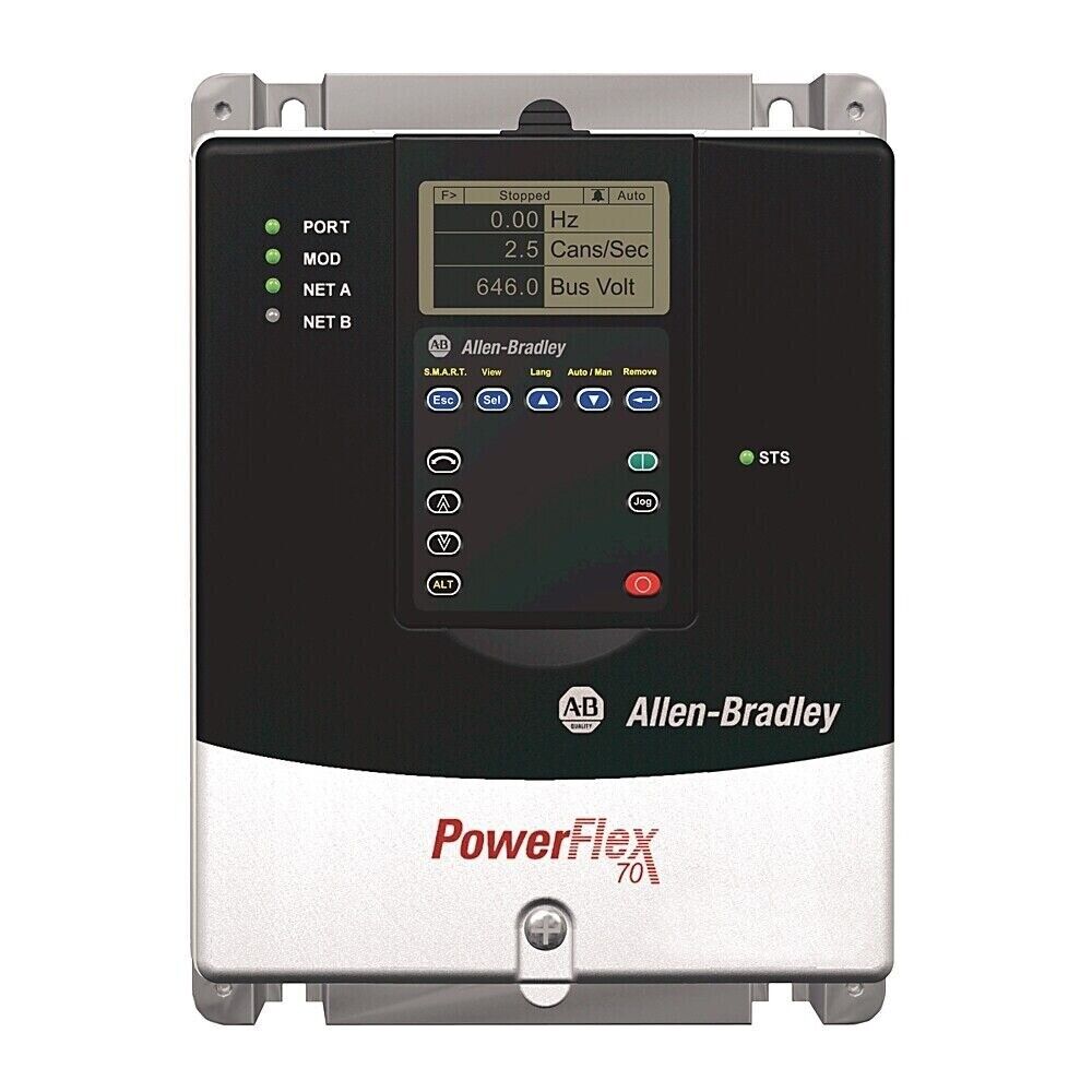 Allen-Bradley PowerFlex 70 AC Drive, black and silver with display showing operational data.