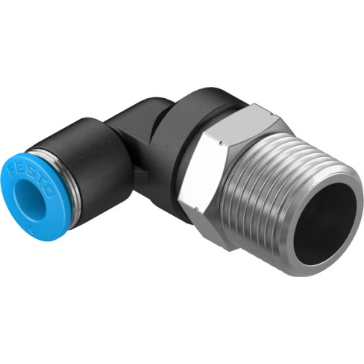 Festo QSL-3/8-6 L-fitting: black body, blue ring, and metal threads. Industrial automation part.