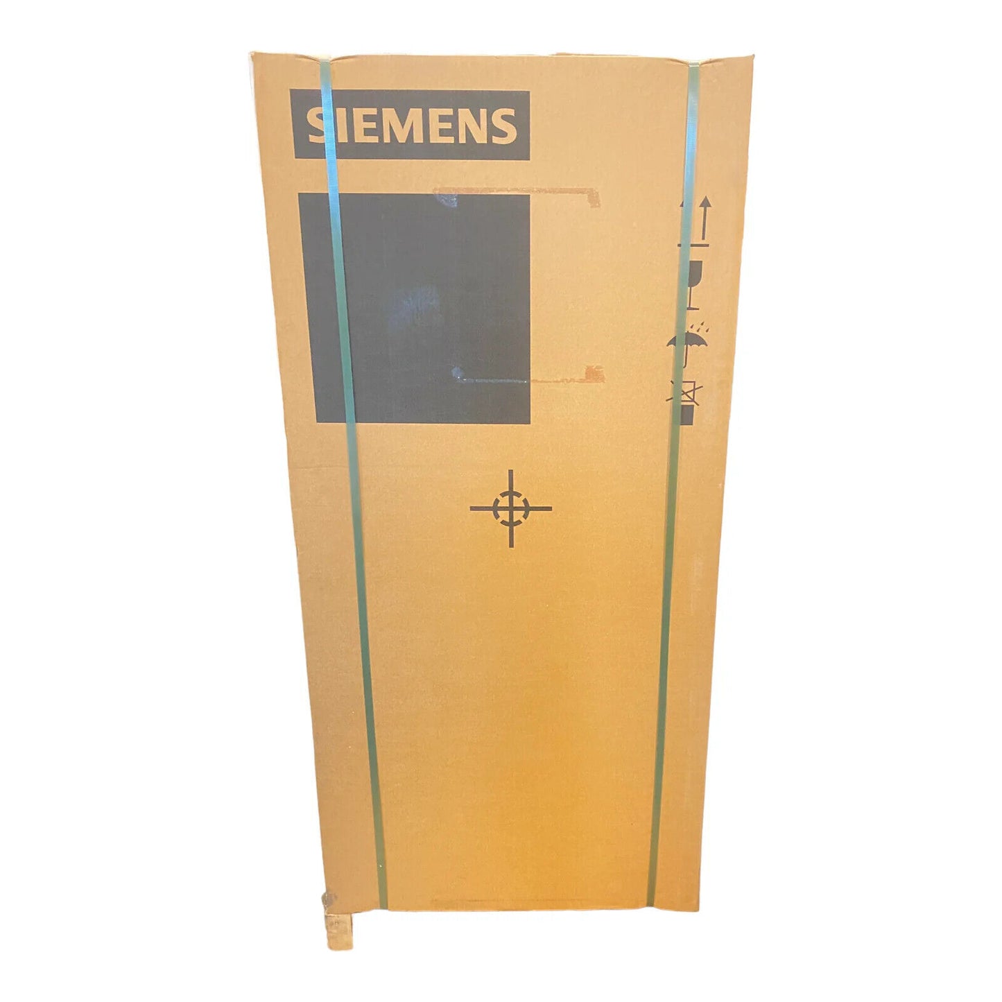 Siemens S120 ACTIVE LINE MODULE shipping box. Brown cardboard box with logo, green straps, and handling symbols.