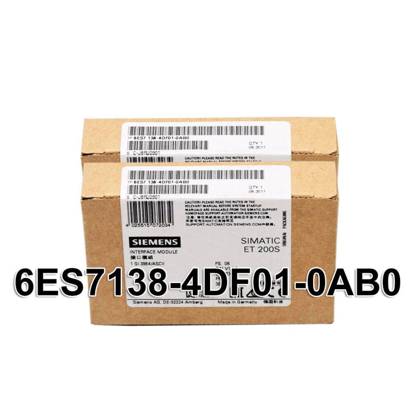 Siemens SIMATIC ET 200S 6ES7138-4DF01-0AB0 interface module packaging. Industrial automation product.