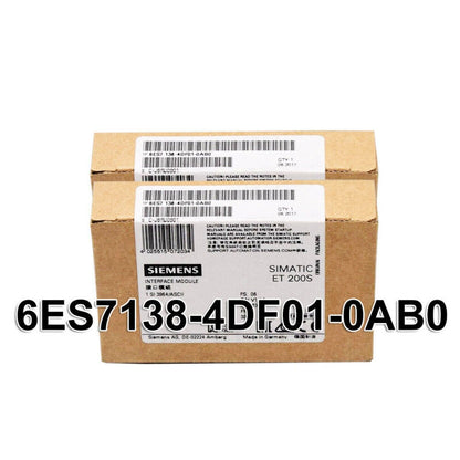Siemens SIMATIC ET 200S 6ES7138-4DF01-0AB0 interface module packaging. Industrial automation product.
