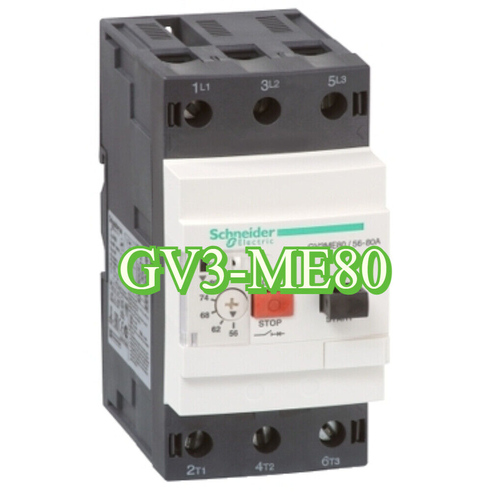 Schneider Electric GV3-ME80 motor circuit breaker, 56-80A, thermal-magnetic protection, red stop button, black and white.
