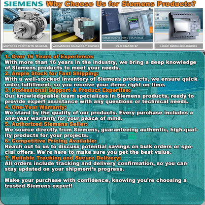 Siemens Products: Over 16 years experience, ample stock, professional support, 1-year warranty, and secure delivery.
