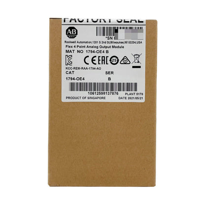 Allen-Bradley 1794-OE4 Flex 4 Point Analog Output Module label, product details, and certifications on a brown cardboard box.
