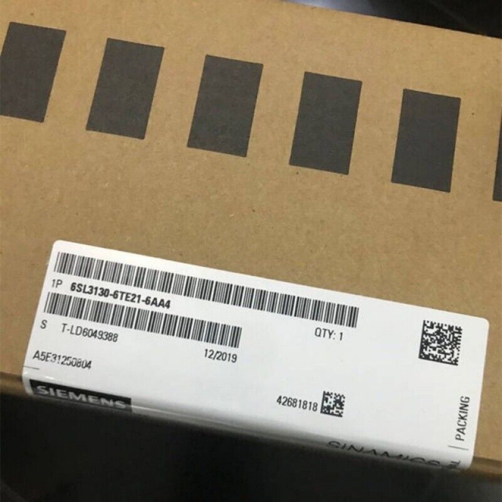Siemens SINAMICS S120 Active Line Module 6SL3130-6TE21-6AA4 packaging, with part number and barcode.