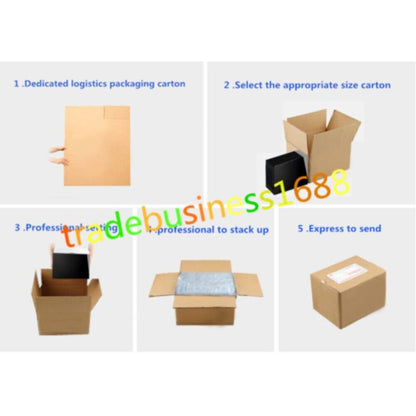 Logistics packaging steps: carton selection, item placement, and express shipping process.