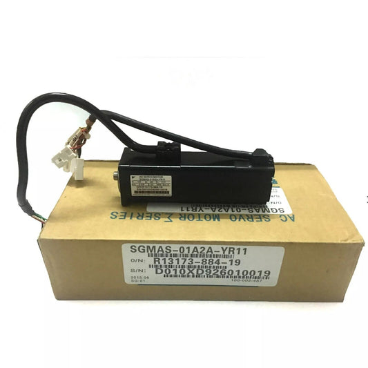 YASKAWA SGMAS-01A2A-YR11 AC Servo Motor, Sigma III, product image with labels and serial numbers on the box.