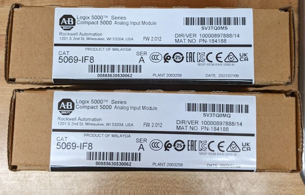 Allen-Bradley 5069-IF8 Compact 5000 Analog Input Module boxes, showing product details and specifications.
