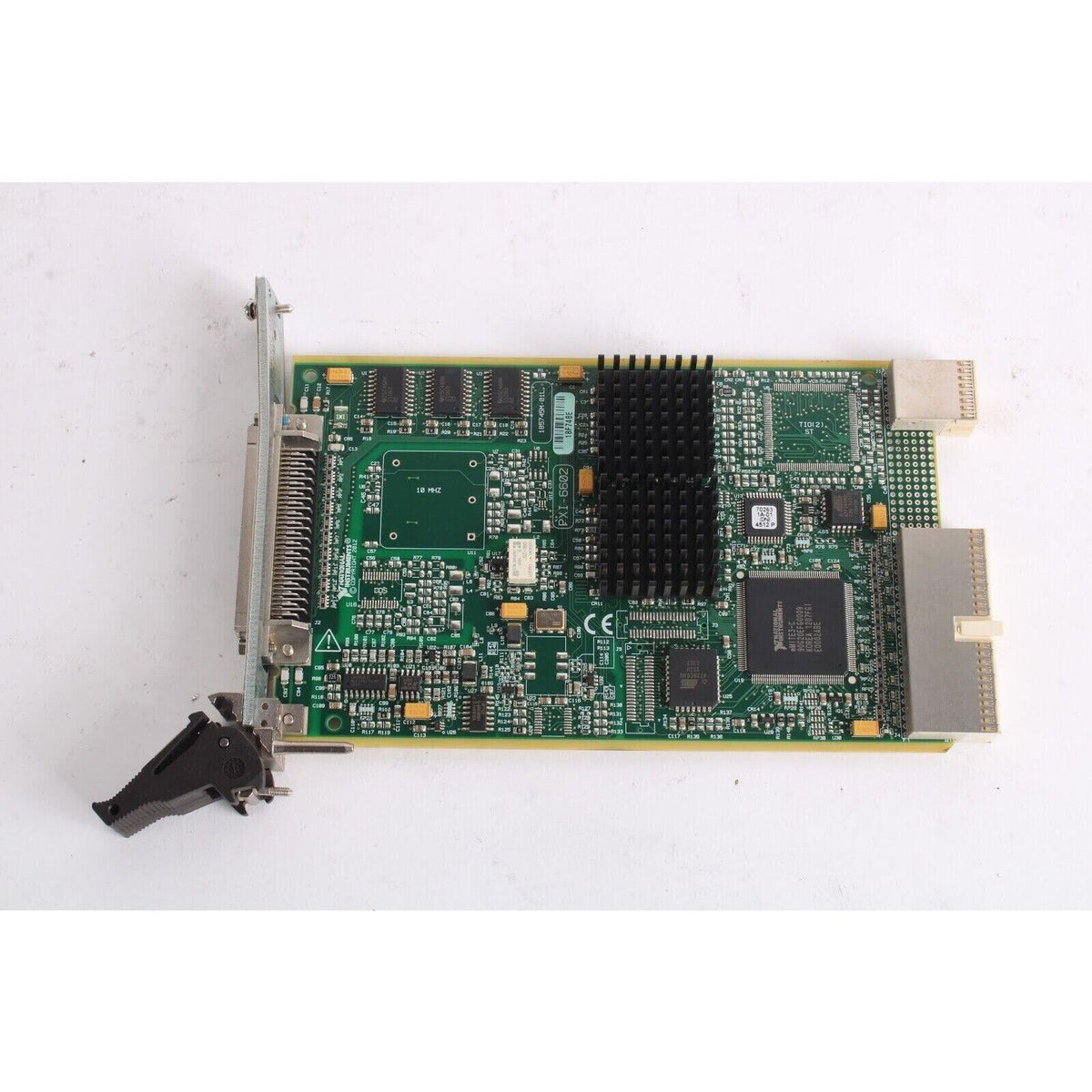 National Instruments PXI-6602 data acquisition module. Features PXI and I/O ports, and black heatsink. 10 MHz frequency.