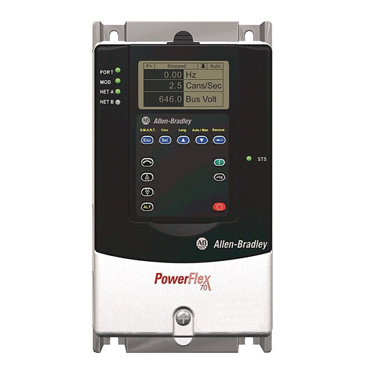 Allen-Bradley PowerFlex 70 Series AC Drive, front panel view, displays parameters.