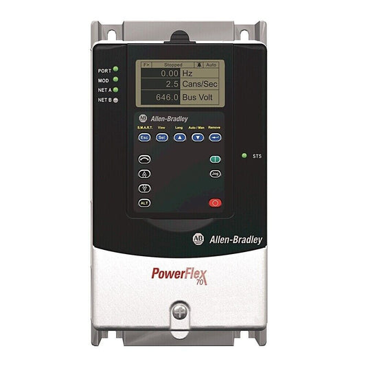 Allen-Bradley PowerFlex 70 AC Drive, black and silver control panel with display showing system parameters.