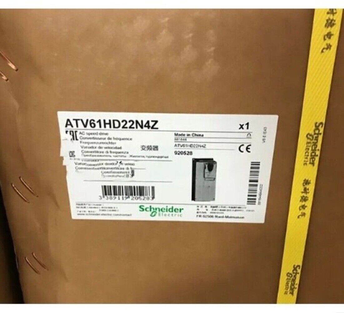 Schneider ATV61HD22N4Z variable frequency drive product label. Made in China.