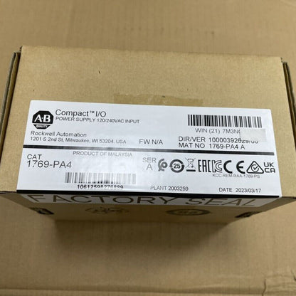 Allen-Bradley 1769-PA4 Compact I/O Power Supply, new in box, industrial automation part, 120/240VAC input.