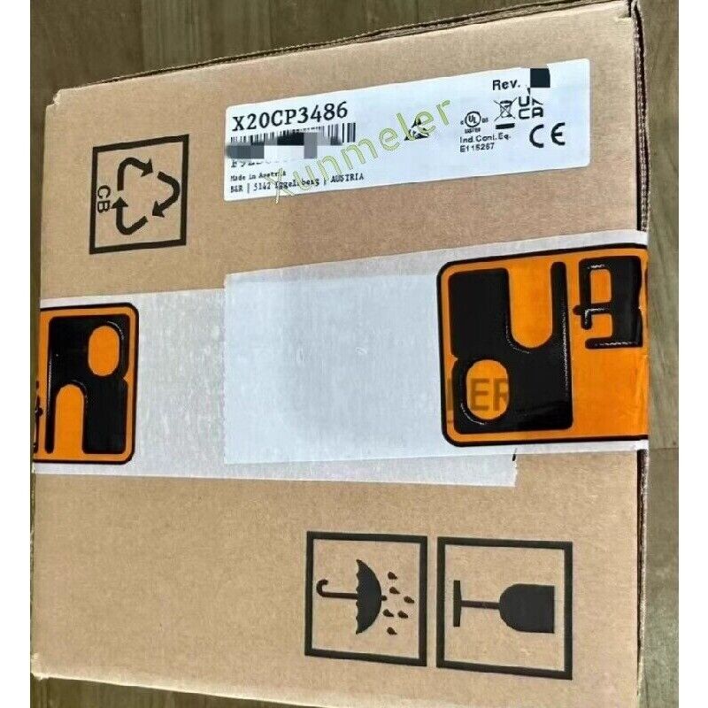 B&R X20CP3486 PLC box, brown cardboard, labels, CE marking, industrial automation part.