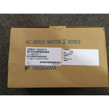 Yaskawa SGMAH-08AAF41 AC Servo Motor box. Model number, serial information and Yaskawa logo visible.