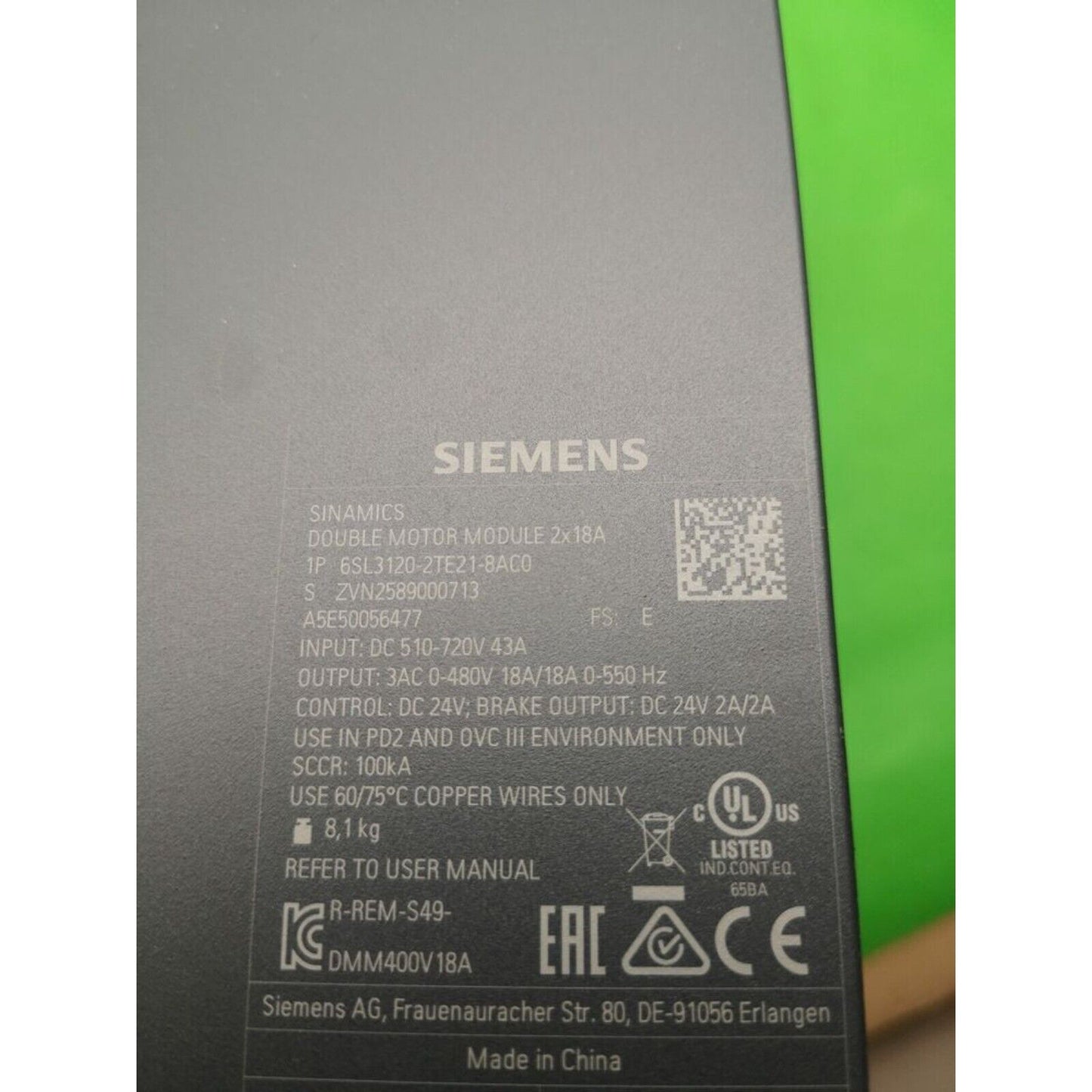 Siemens SINAMICS S120 Double Motor Module with specifications and certifications