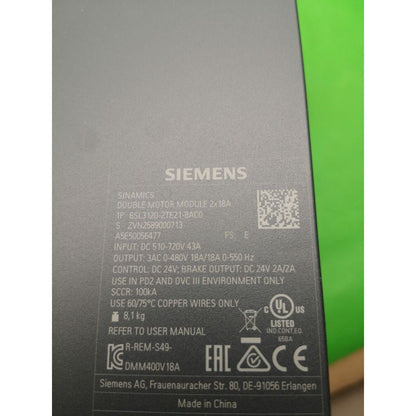 Siemens SINAMICS S120 Double Motor Module with specifications and certifications