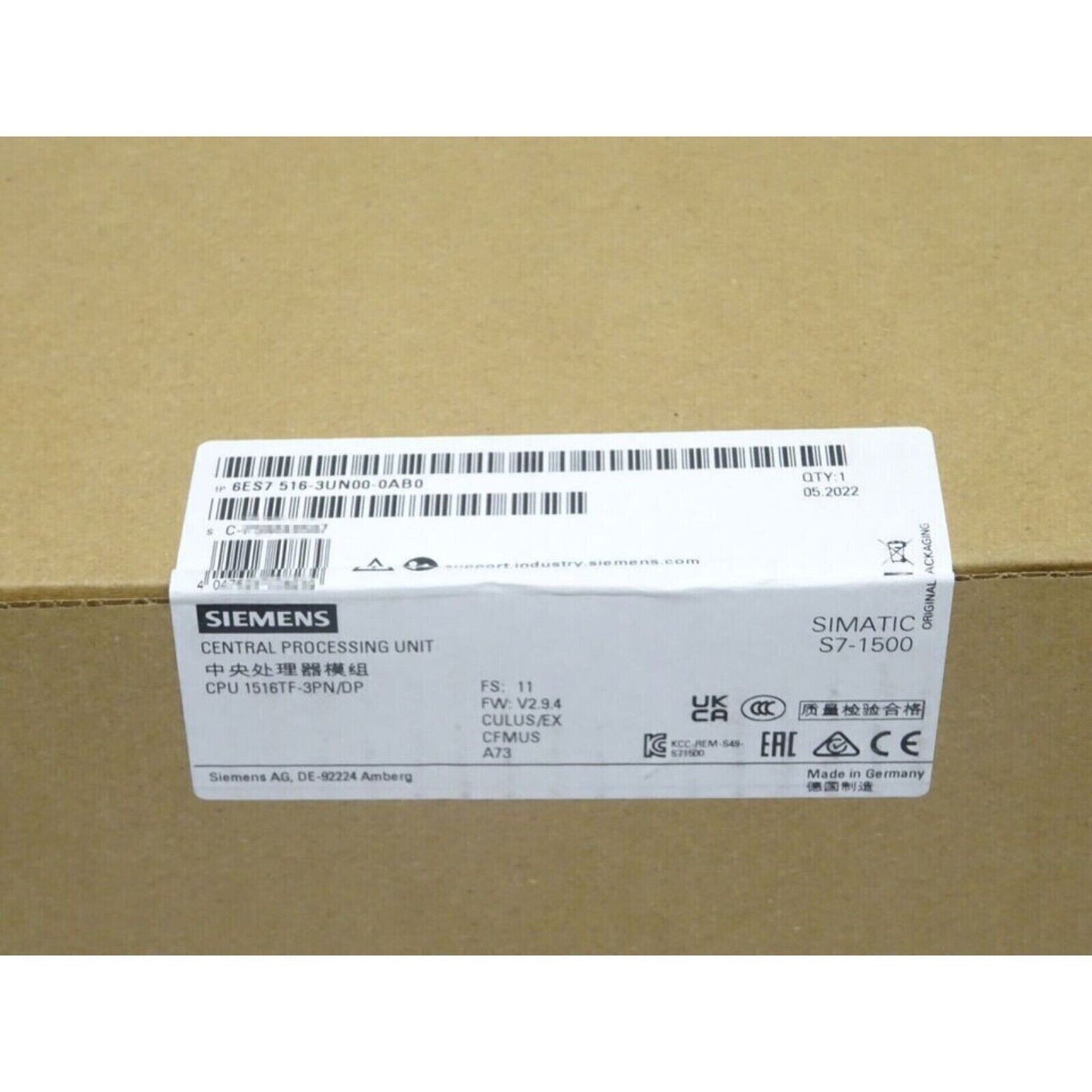 Siemens SIMATIC S7-1500 CPU 1516TF-3PN/DP, Industrial automation component, 6ES7516-3UN00-0AB0, new