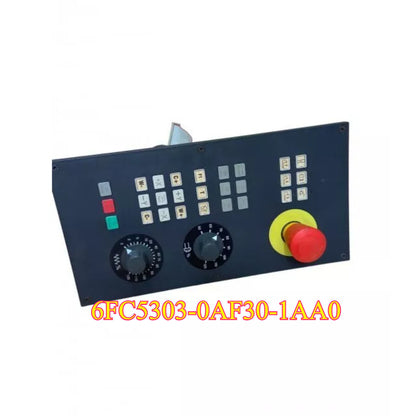 Siemens 802D sl machine control panel, featuring buttons, dials, and a red emergency stop, product code: 6FC5303-0AF30-1AA0