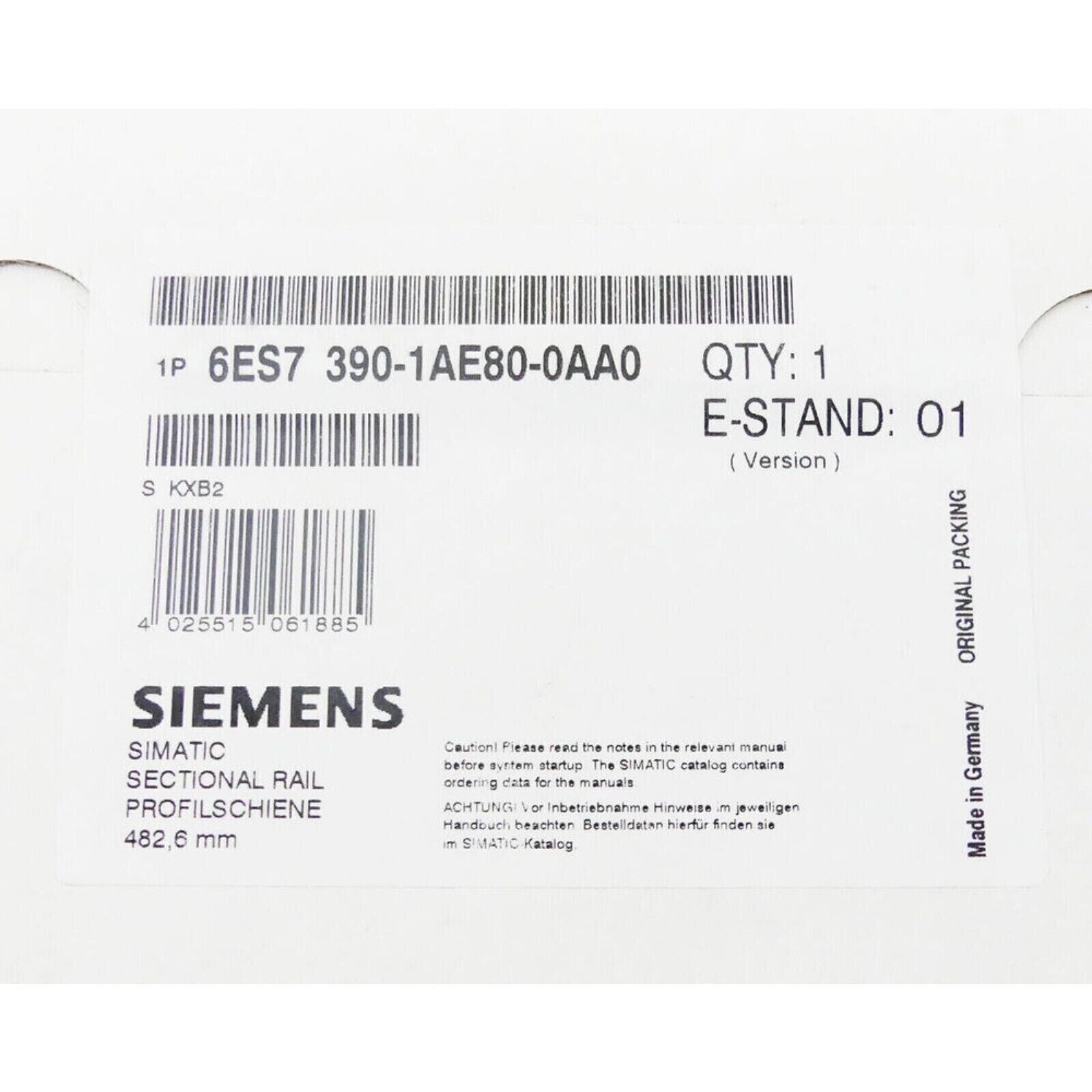 Siemens SIMATIC S7-300 mounting rail 6ES7 390-1AE80-0AA0, with quantity of 1, original packing, made in Germany
