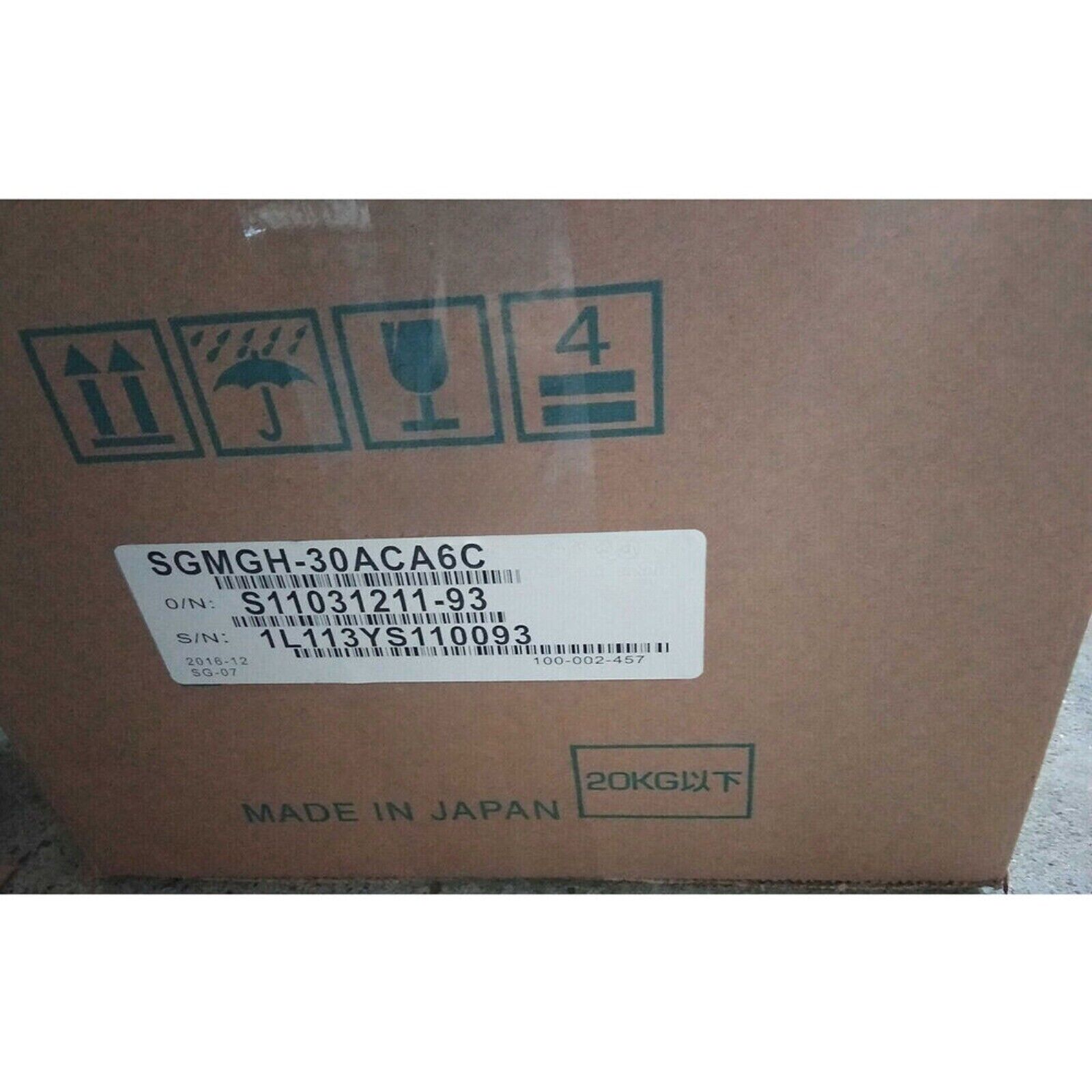 YASKAWA SGMGH-30ACA6C servo motor box, product of Japan, with shipping labels.