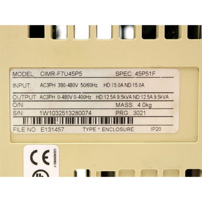 YASKAWA CIMR-F7U45P5 AC Drive label with detailed specifications, industrial automation part.