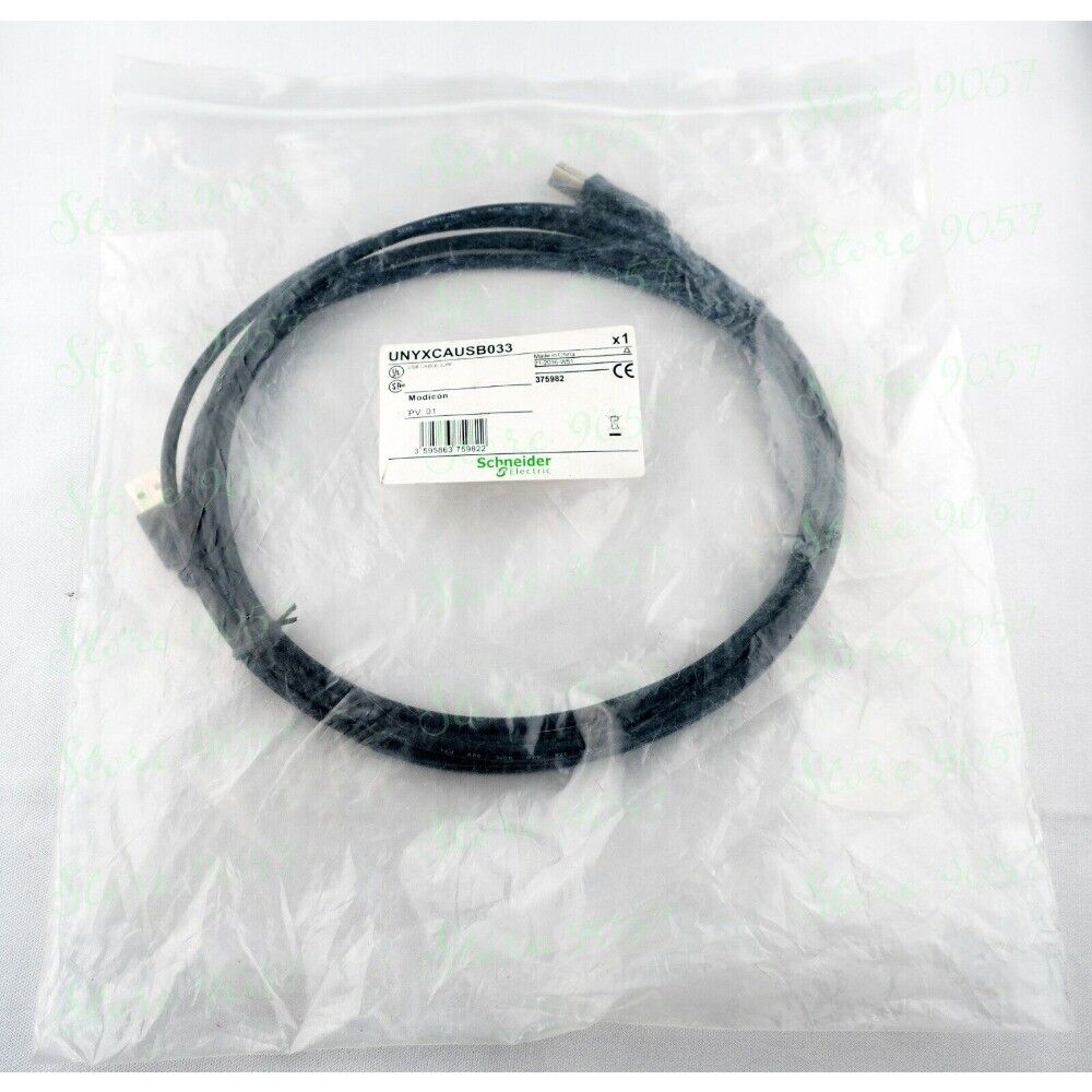 UNYXCAUSB033 PLC module cable by Schneider Electric, black with USB and PLC connectors.