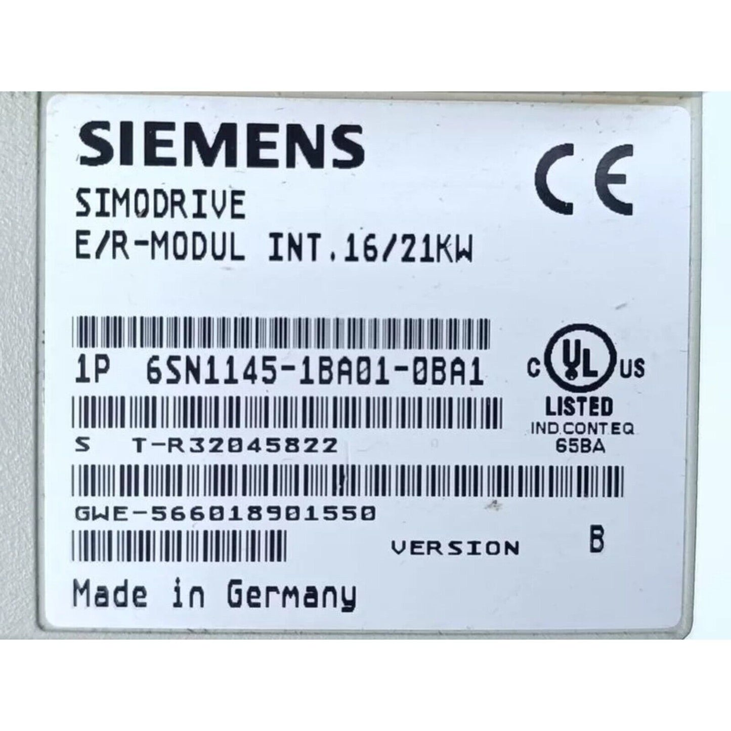 Siemens SIMODRIVE 6SN1145-1BA01-0BA1 power module, industrial automation part, Made in Germany, CE and UL certified.