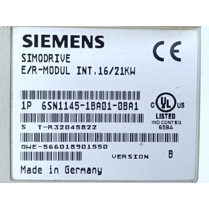 Siemens SIMODRIVE 6SN1145-1BA01-0BA1 power module, industrial automation part, Made in Germany, CE and UL certified.