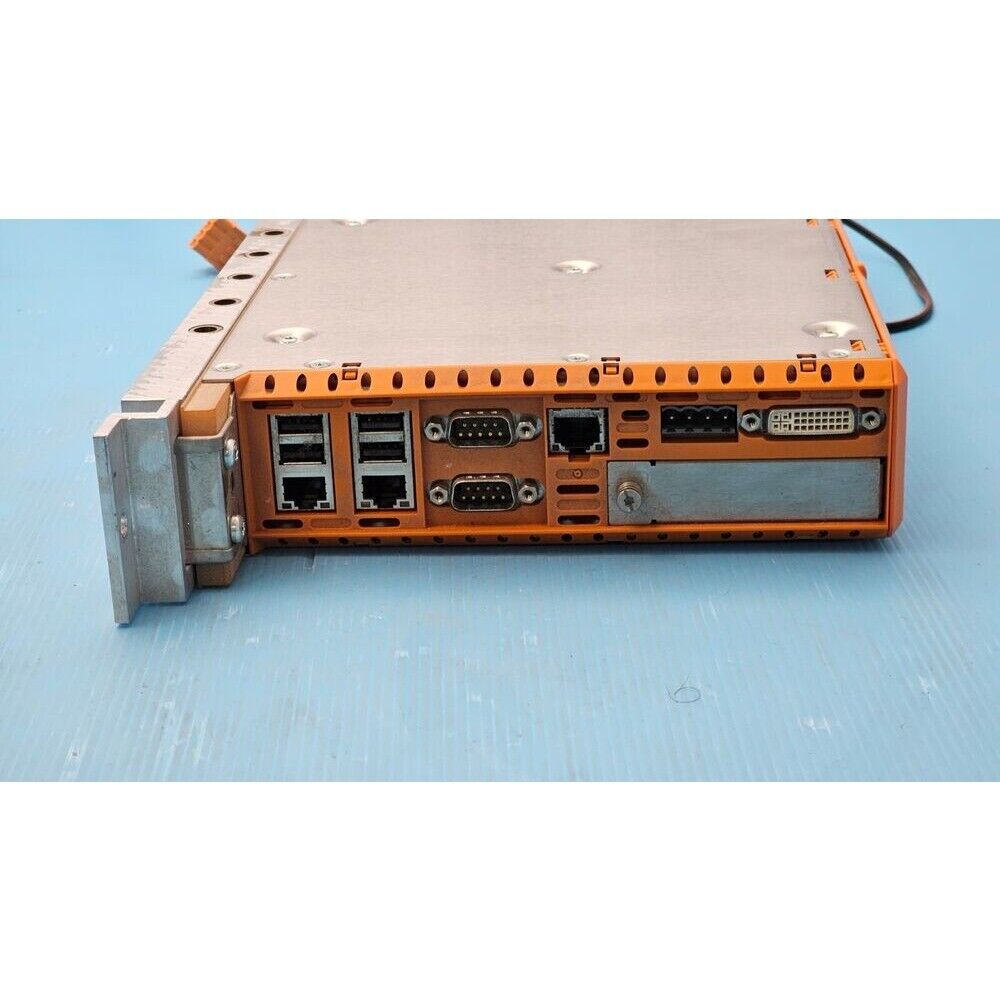 B&R Automation 5PC820.SX01-00 industrial Panel PC, orange and silver casing, featuring various connectors.